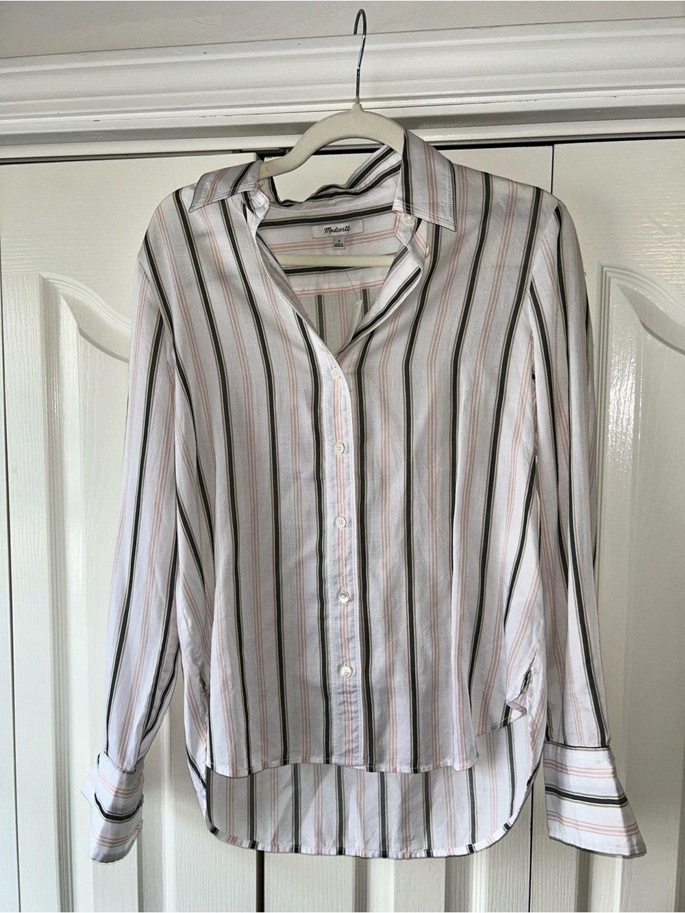 Madewell Striped Button-Down Shirt in White, Pink & Olive